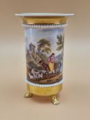 A DERBY HAND PAINTED SMALL SPILL VASE WITH FARMER AND WIFE, DONKEY, GOATS AND CATTLE BEFORE A