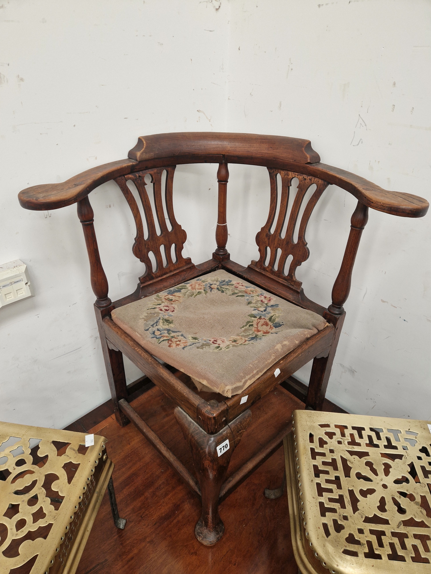 A 19th C. OAK DESK CORNER CHAIR WITH A NEEDLE WORK DROP IN SEAT ABOVE A CABRIOLE FRONT LEG ON PAD - Image 2 of 3