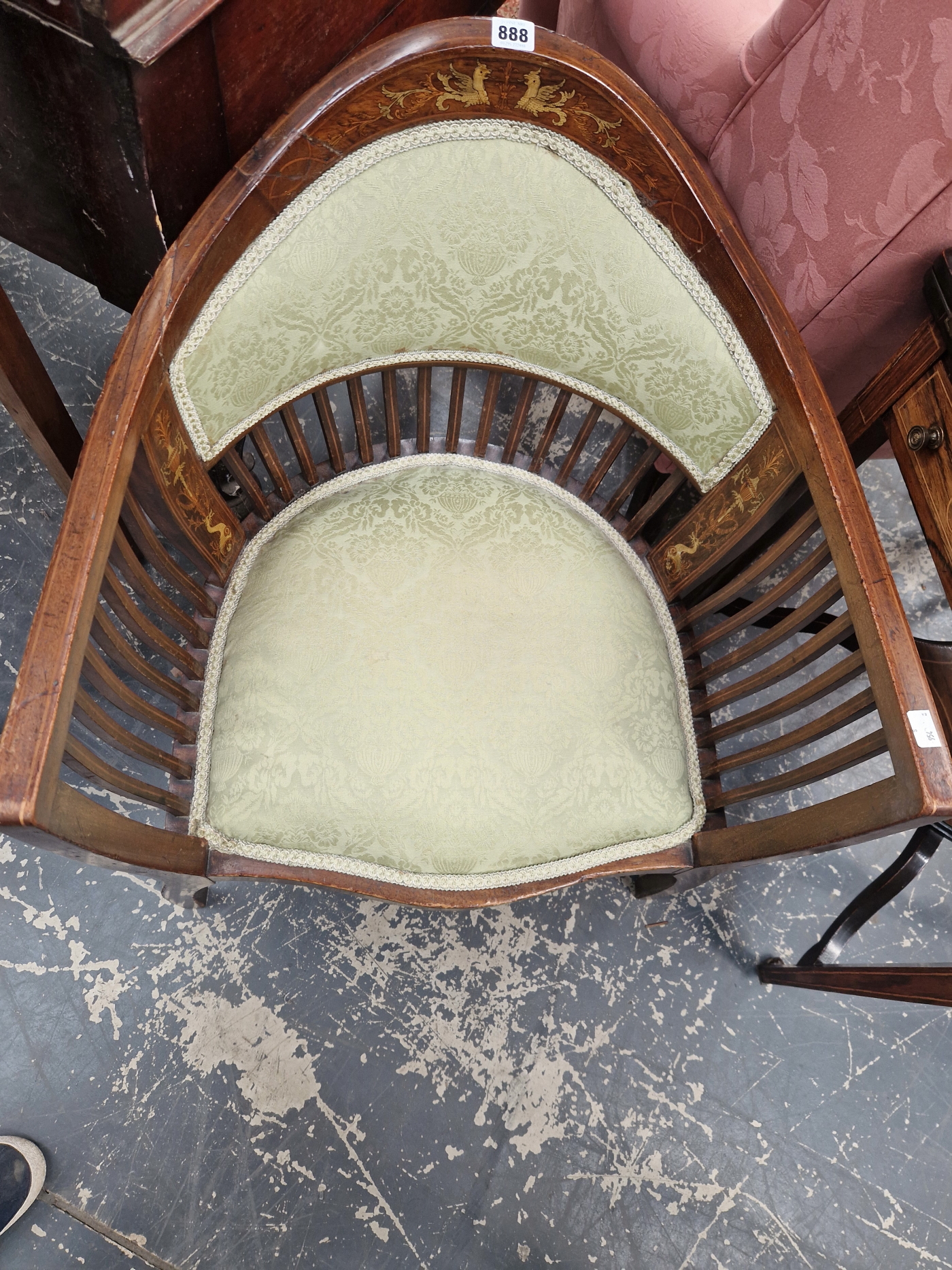 AN EDWARDIAN LINE INLAID MAHOGANY ARMCHAIR, THE ROUNDED PARTIALLY UPHOLSTERED BACK CRESTED BY A PAIR - Image 3 of 3