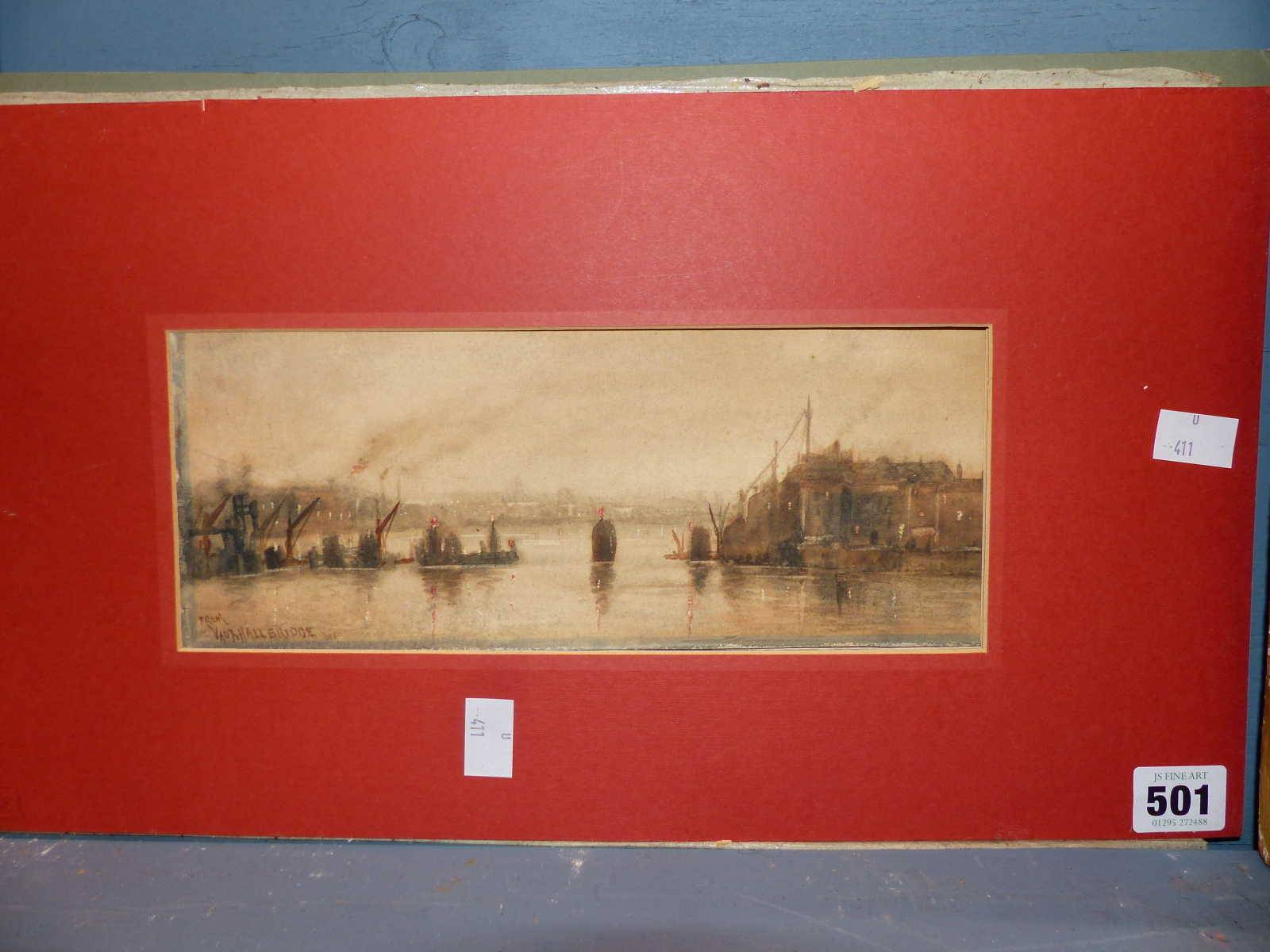 ENGLISH SCHOOL (19TH CENTURY), THE VIEW FROM VAUXHALL BRIDGE AT DUSK, TITLED LOWER LEFT, - Image 4 of 9