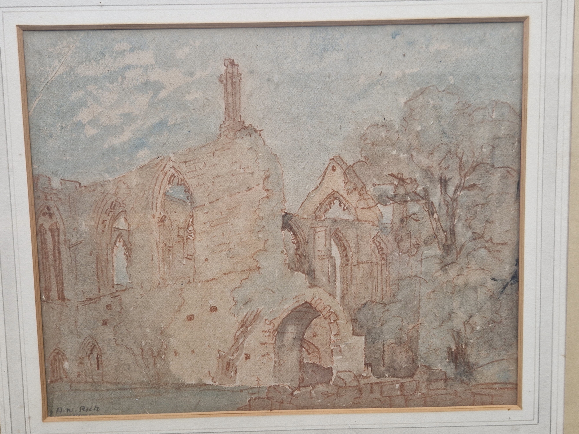A.N. RICH, ABBEY RUINS, SIGNED, RED CHALK AND WASH, 28 X 23cms.