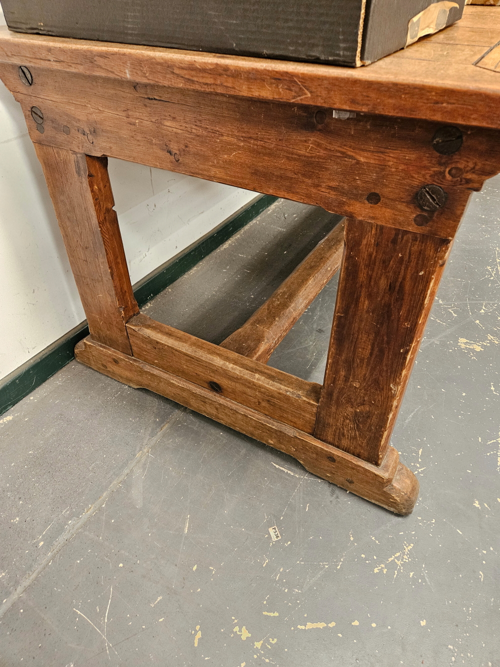 A TEAK AND PINE REFECTORY TABLE, THE CLEATED RECTANGULAR PLANK TOP ON PAIRS OF LEGS TO EACH NARROW - Image 14 of 14