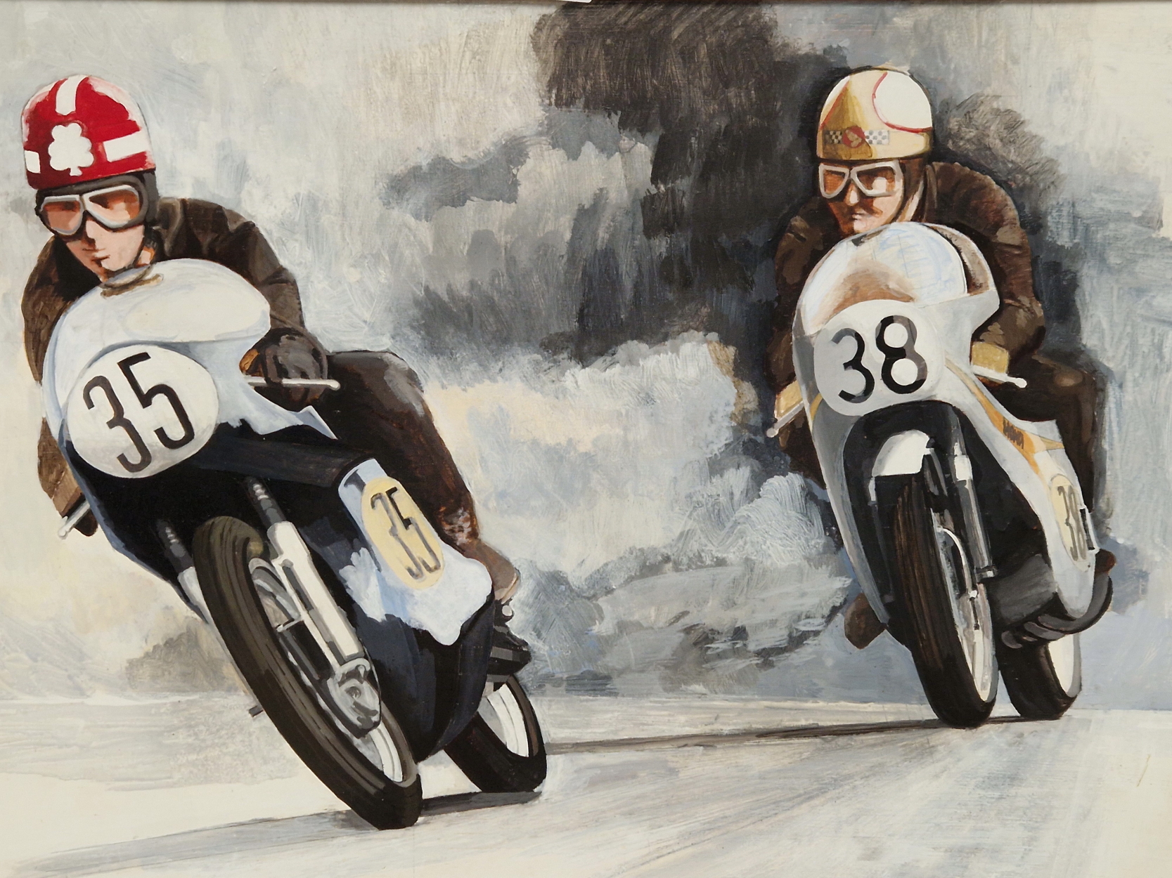 ROD GOULD. AN OIL ON CANVAS BOARD PAINTING DEPICTING GOULD AND MIKE HAILWOOD RACING NORTON AND HONDA - Image 2 of 5