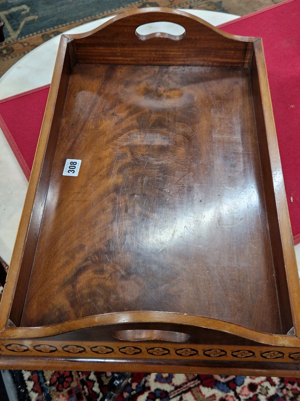 A MAHOGANY TWO HANDLED TRAY, THE SATIN WOOD EXTERIOR OF THE GALLERY INLAID WITH GUILLOCHE ROUNDELS - Image 5 of 5