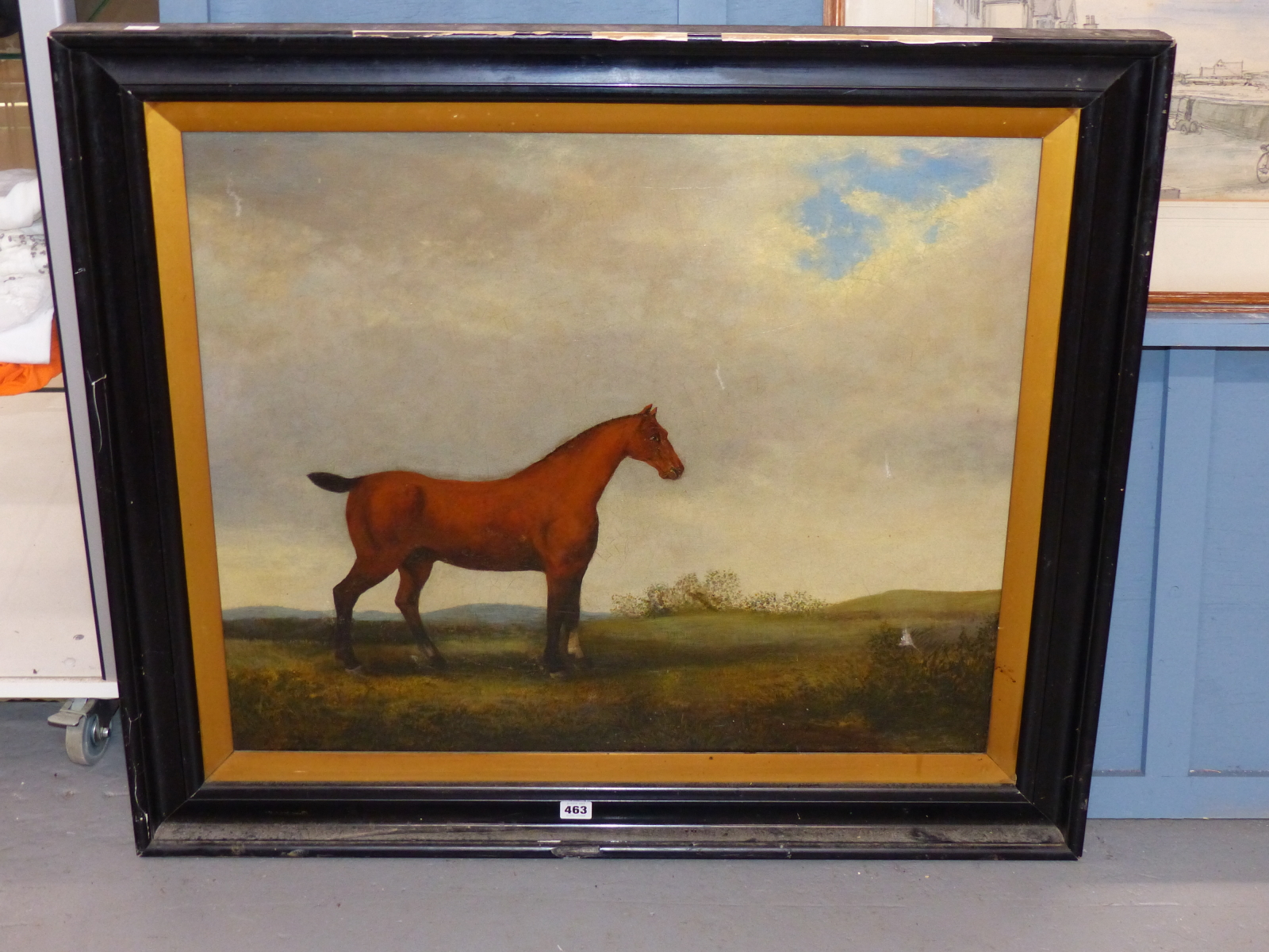 19TH CENTURY NAIVE SCHOOL, BAY HORSE IN AN EXTENSIVE LANDSCAPE, OIL ON CANVAS (RELINED), 74 x - Image 7 of 8