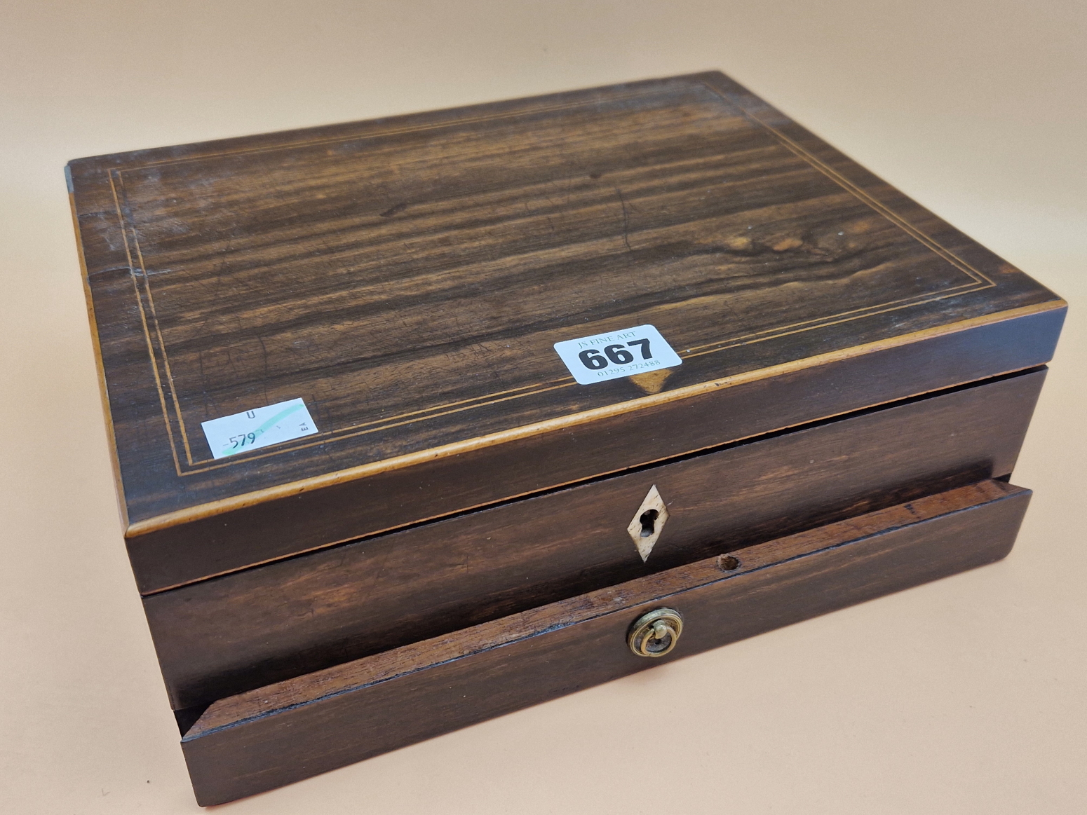 A LINE INLAID CALAMANDER WOOD PAINT BOX CONTAINING SOME REEVES BLOCKS OF PAINT, A MARBLE PALETTE AND - Image 3 of 3