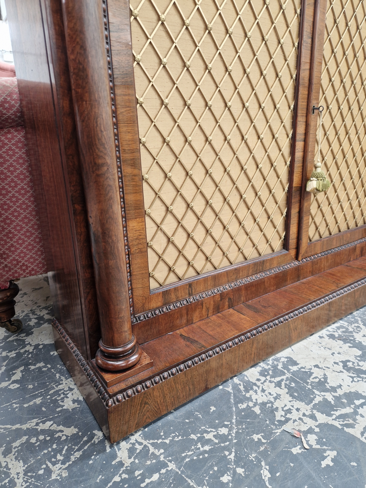 A VICTORIAN ROSEWOOD SIDE CABINET WITH COLUMNS FLANKING THE GRILLED DOORS, EGG AND DART BANDS - Image 6 of 8