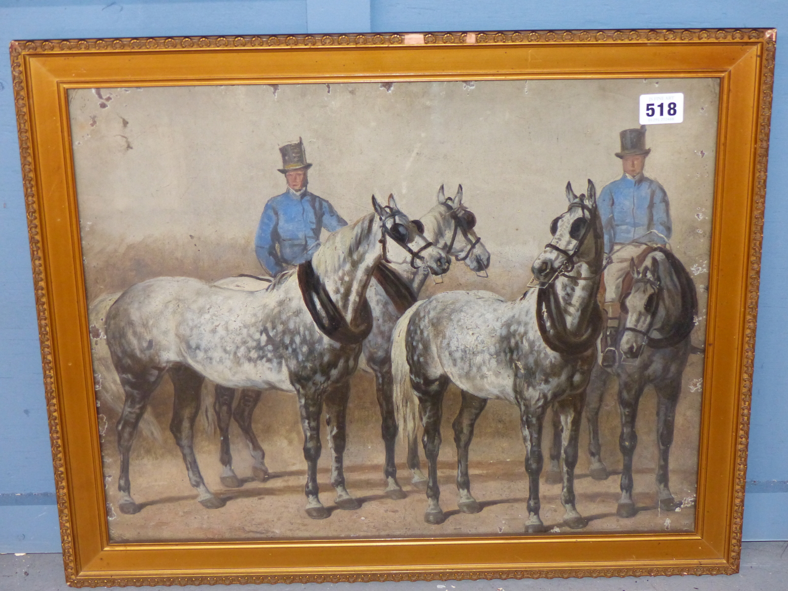 ENGLISH SCHOOL (19TH CENTURY), TWO GROOMS IN BLUE LIVERY WITH FOUR DAPPLE GREY CARRIAGE HORSES, - Image 2 of 11