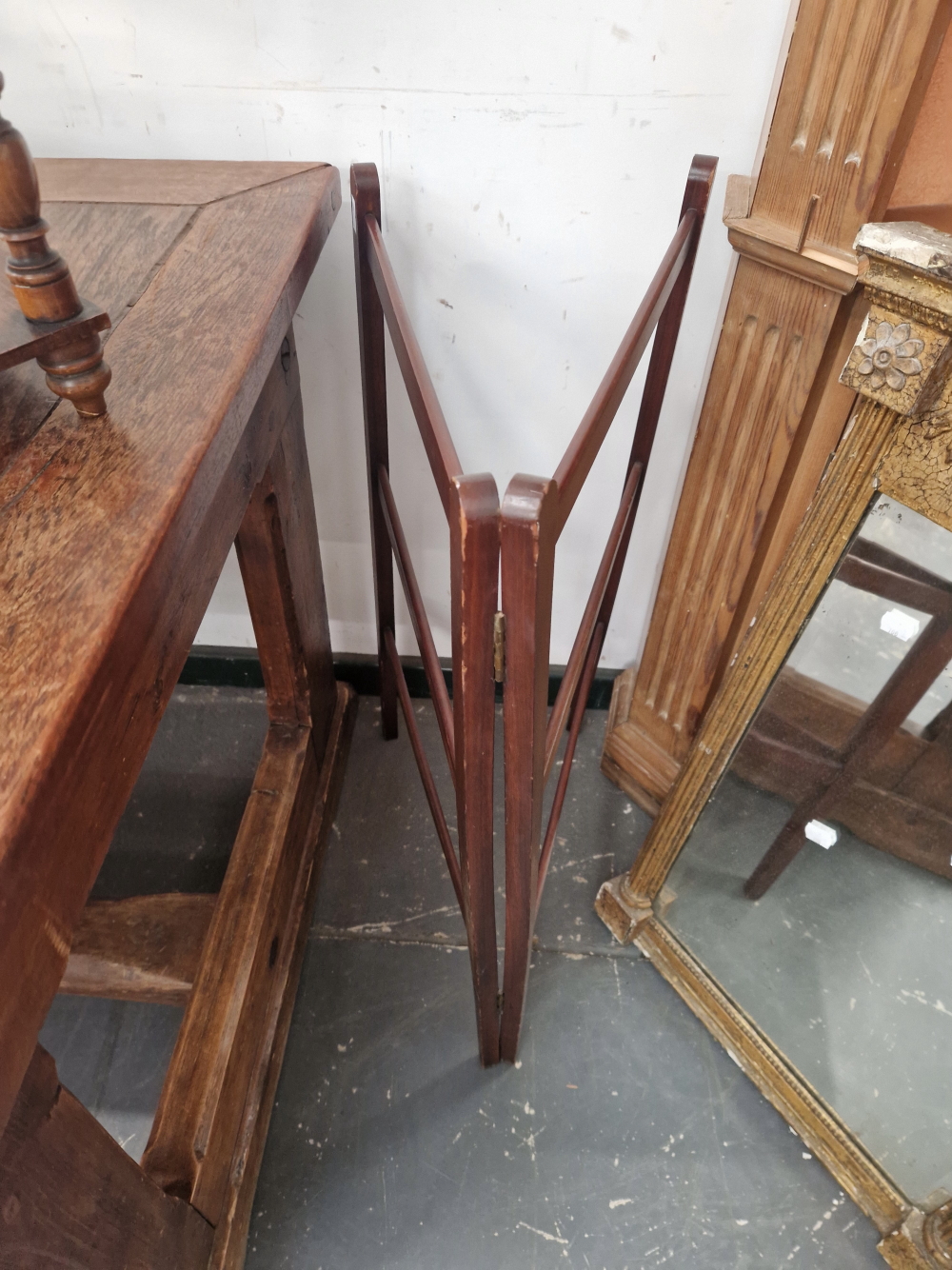 A MAHOGANY THREE TIER FOLDING CAKE STAND, A TOWEL RAIL AND A THREE SHELF WALL UNIT - Image 2 of 2