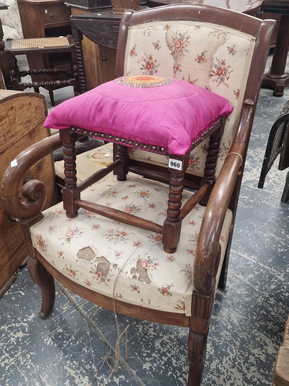 A 19th C. FRENCH MAHOGANY ELBOW CHAIR TOGETHER WITH AN OAK BOBBIN TURNED STOOL WITH A MAUVE SILK