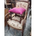 A 19th C. FRENCH MAHOGANY ELBOW CHAIR TOGETHER WITH AN OAK BOBBIN TURNED STOOL WITH A MAUVE SILK