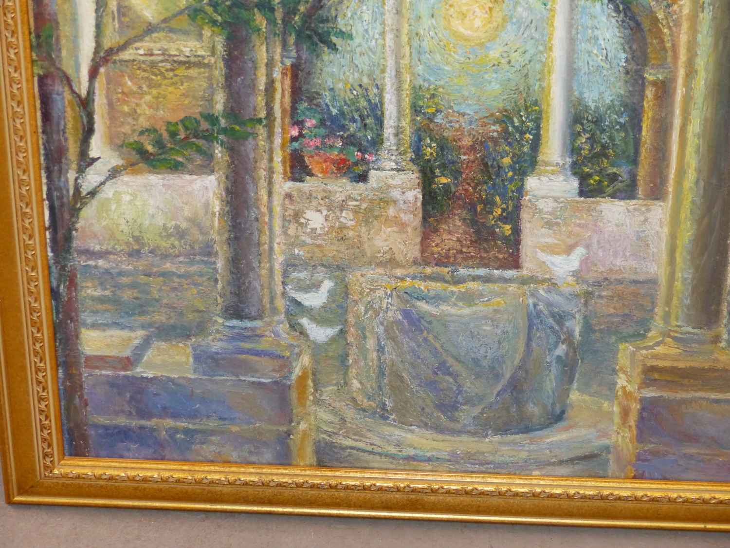 CONTINENTAL SCHOOL (20TH CENTURY), INTERIOR COURTYARD SCENE WITH DOVES AROUND A WELL, IMPASTO OIL, - Image 4 of 6