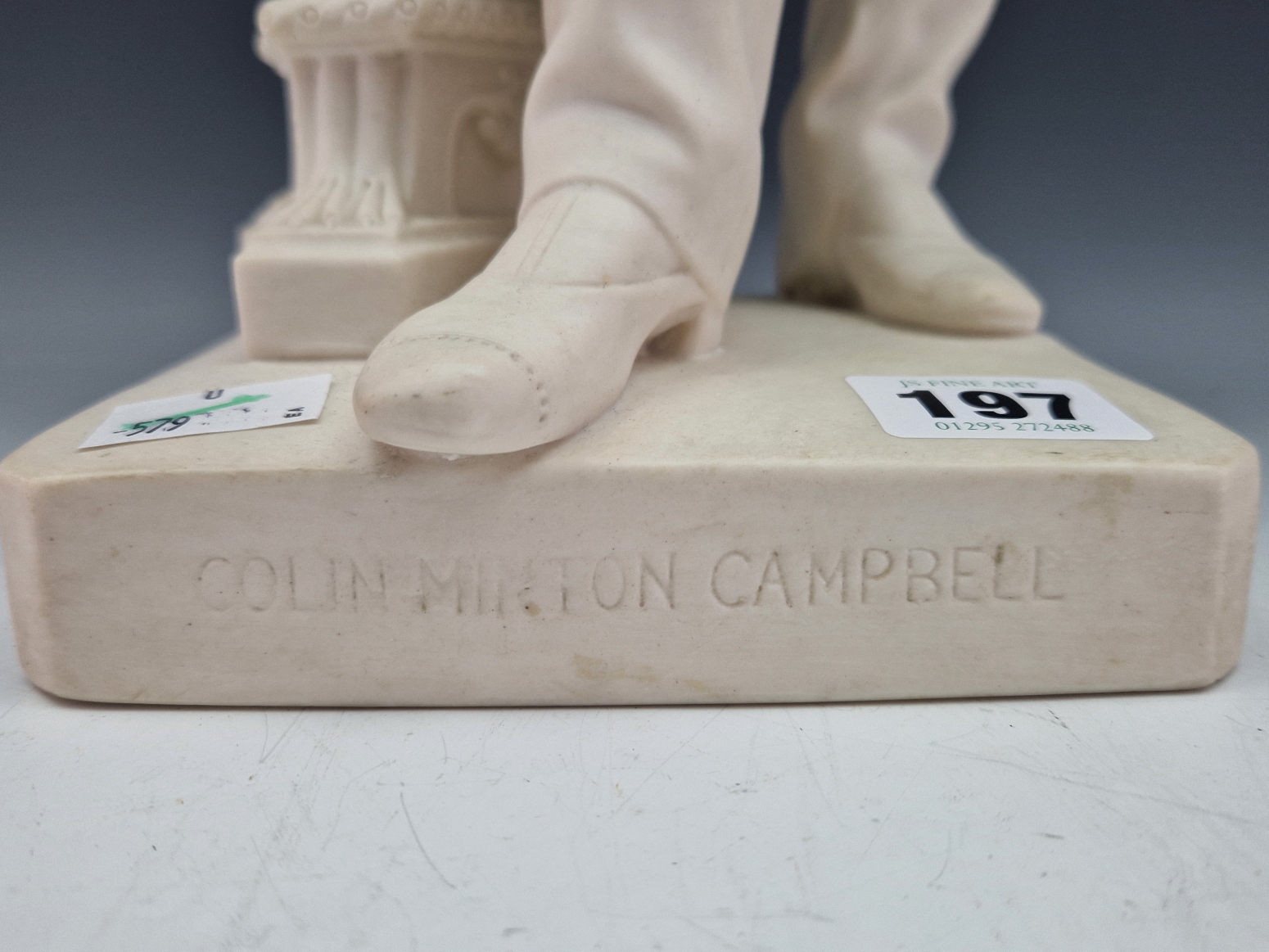 A 19th C. PARIAN FIGURE OF COLIN MINTON CAMPBELL STANDING HOLDING A CUP ON A COLUMN MOULDED THIS - Image 7 of 11