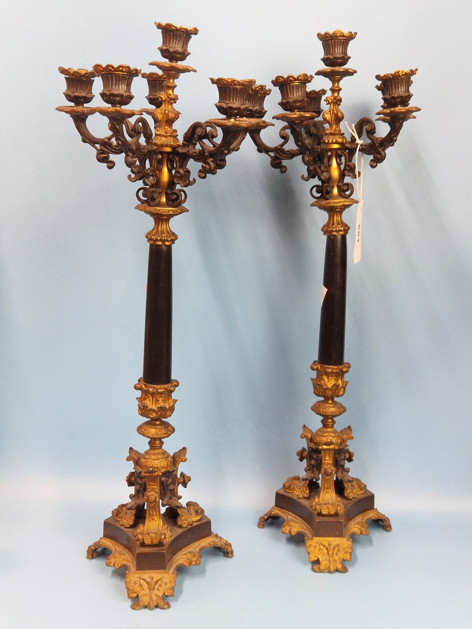 A PAIR OF 19th C. ORMOLU, BRONZE AND BLACK SLATE FIVE LIGHT CANDELABRA SUPPORTED ON TRIPARTITE - Image 2 of 8