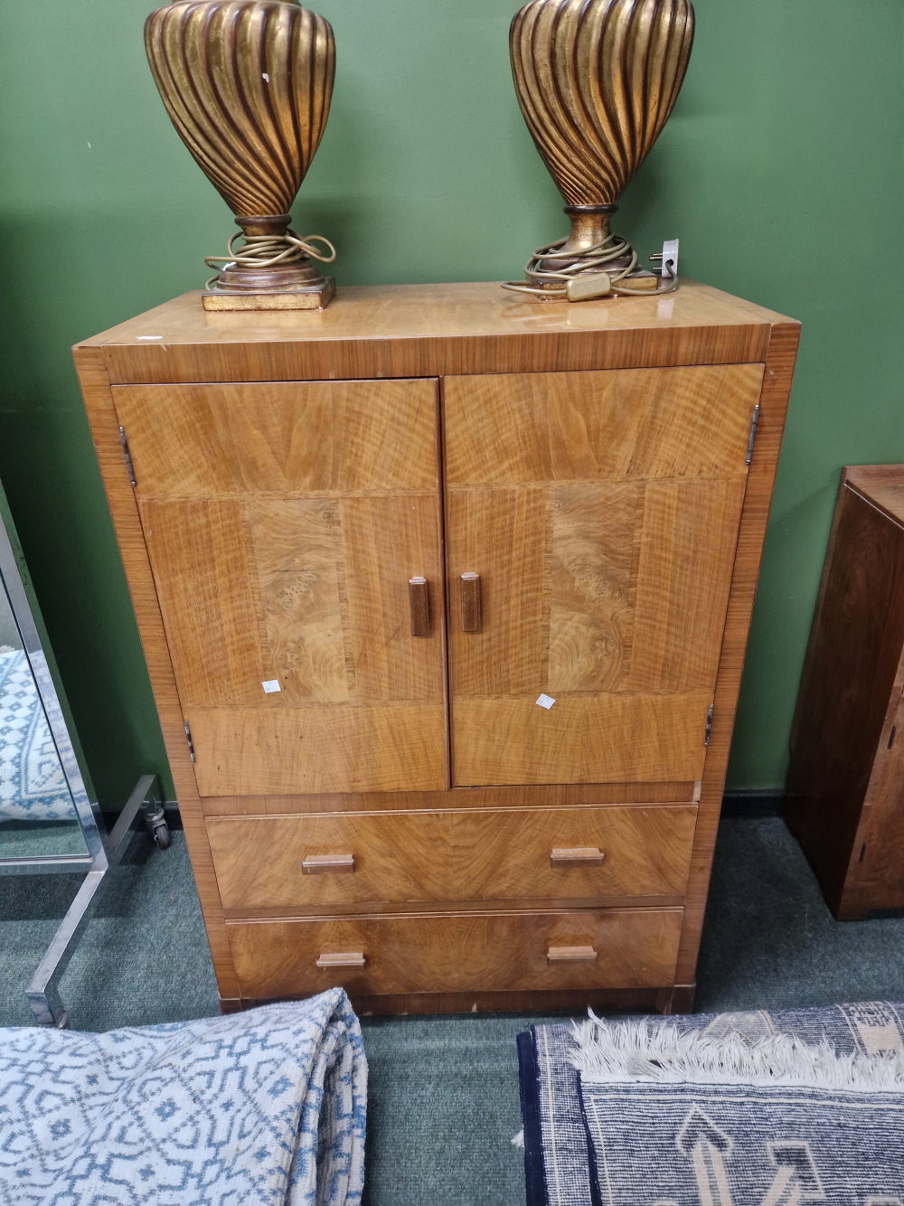 AN ART DECO WALNUT CORNER DRESSING TABLE AND STOOL TOGETHER WITH A TALLBOY CABINET - Image 14 of 31