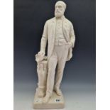 A 19th C. PARIAN FIGURE OF COLIN MINTON CAMPBELL STANDING HOLDING A CUP ON A COLUMN MOULDED THIS