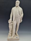 A 19th C. PARIAN FIGURE OF COLIN MINTON CAMPBELL STANDING HOLDING A CUP ON A COLUMN MOULDED THIS