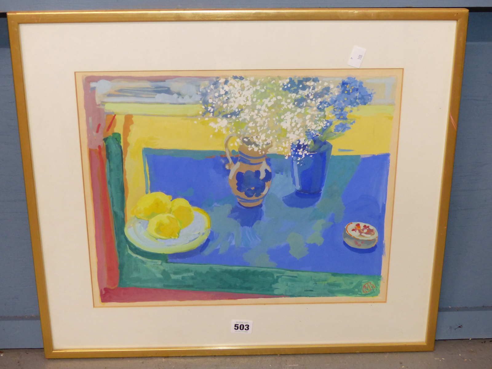 MOLLIE BINFIELD (20TH CENTURY), GYPSOPHILA AND LEMONS, SIGNED WITH INITIALS, GOUACHE, 43 x 35cms, - Image 7 of 9