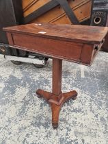 A 19th C. MAHOGANY TABLE WITHA DRAWER TO ONE END OF THE RECTANGULAR TOP ON A SQUARE COLUMN AND