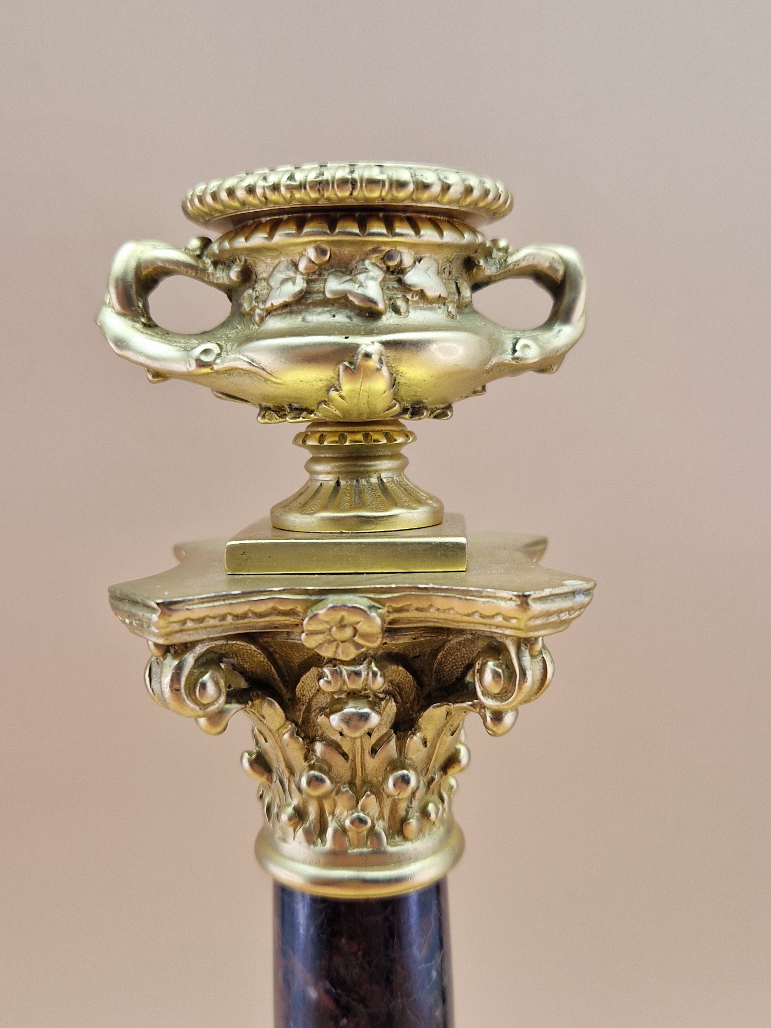 A PAIR OF RED MARBLE AND ORMOLU CANDLESTICKS, THE TWO HANDLED URN NOZZLES ABOVE CORINTHIAN CAPITALS, - Image 3 of 7