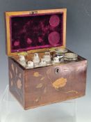 A FLORAL MARQUETRIED MAHOGANY PHARMACY CHEST CONTAINING EIGHT BOTTLES, THE BOX. W 18cms.