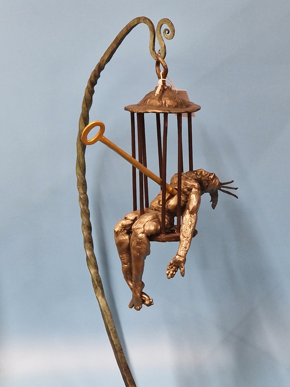 FELIPE GONZALEZ, A CONTEMPORARY BRONZE SCULPTURE OF A MAN IN A CAGE HELD ON A BRACKET ARM RESTING ON - Image 3 of 13