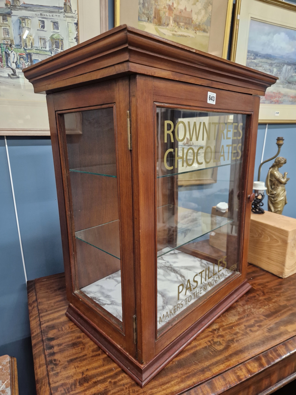 A GLAZED MAHOGANY COUNTER TOPPED CABINET WITH TWO GLASS SHELVES, THE DOOR INSCRIBED ROWNTREES - Image 2 of 3