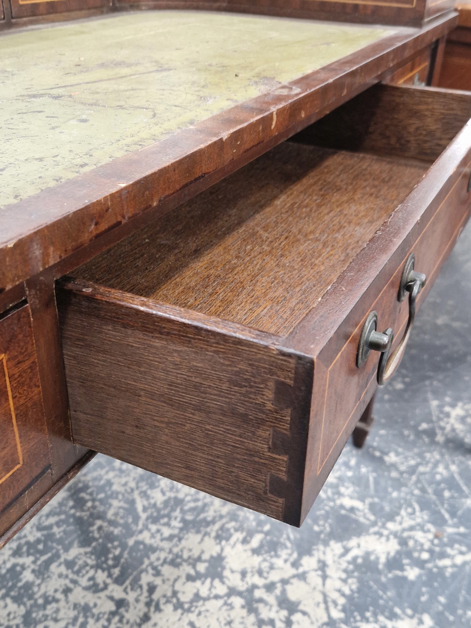 A MAHOGANY CARLTON HOUSE DESK, THE GALLERIED BACK ABOVE FIVE LINE INLAID DRAWERS BEFORE THE GREEN - Image 8 of 10
