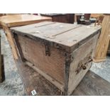 AN IRON BOUND TWO HANDLED OAK STRONG BOX BEARING THE DATE 1689 INSIDE THE HINGED LID