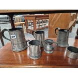 PEWTER: FIVE VARIOUS MUGS TOGETHER WITH A CYLINDRICAL JARLET
