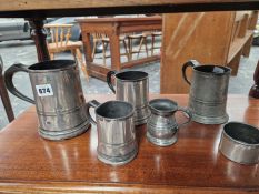 PEWTER: FIVE VARIOUS MUGS TOGETHER WITH A CYLINDRICAL JARLET