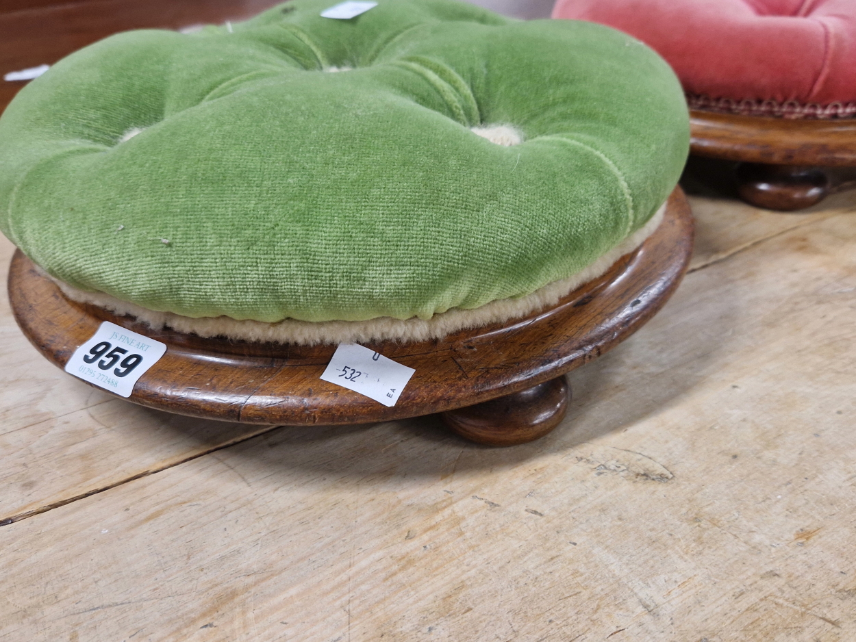 A PAIR OF ROSEWOOD CIRCULAR FOOTSTOOLS, ONE BUTTON UPHOLSTERED IN GREEN VELVET AND THE OTHER IN - Image 2 of 3