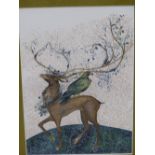 JACKIE MORRIS (20TH/21ST CENTURY) ARR, STAG AND EAGLE, WATERCOLOUR HIGHLIGHTED WITH GILT, 24.5 x