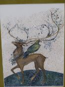 JACKIE MORRIS (20TH/21ST CENTURY) ARR, STAG AND EAGLE, WATERCOLOUR HIGHLIGHTED WITH GILT, 24.5 x