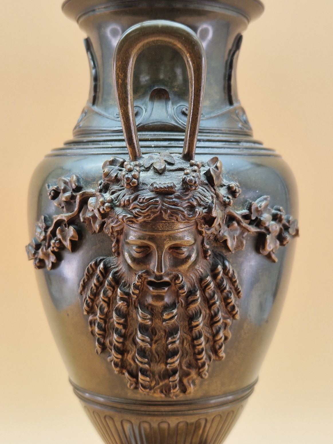 A BRONZE BALUSTER VASE, THE TWO HANDLES WITH BEARDED MASK TERMINALS, THE FOOT RESTING ON BLACK - Image 9 of 9