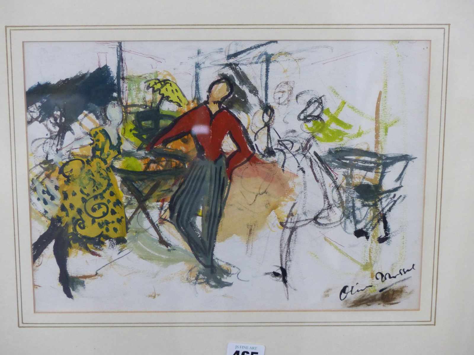 OLIVER MESSEL (1904-1978) ARR, FASHIONABLE FIGURES IN A CAFE, INDISTINCTLY SIGNED, GOUACHE, 31.5 x