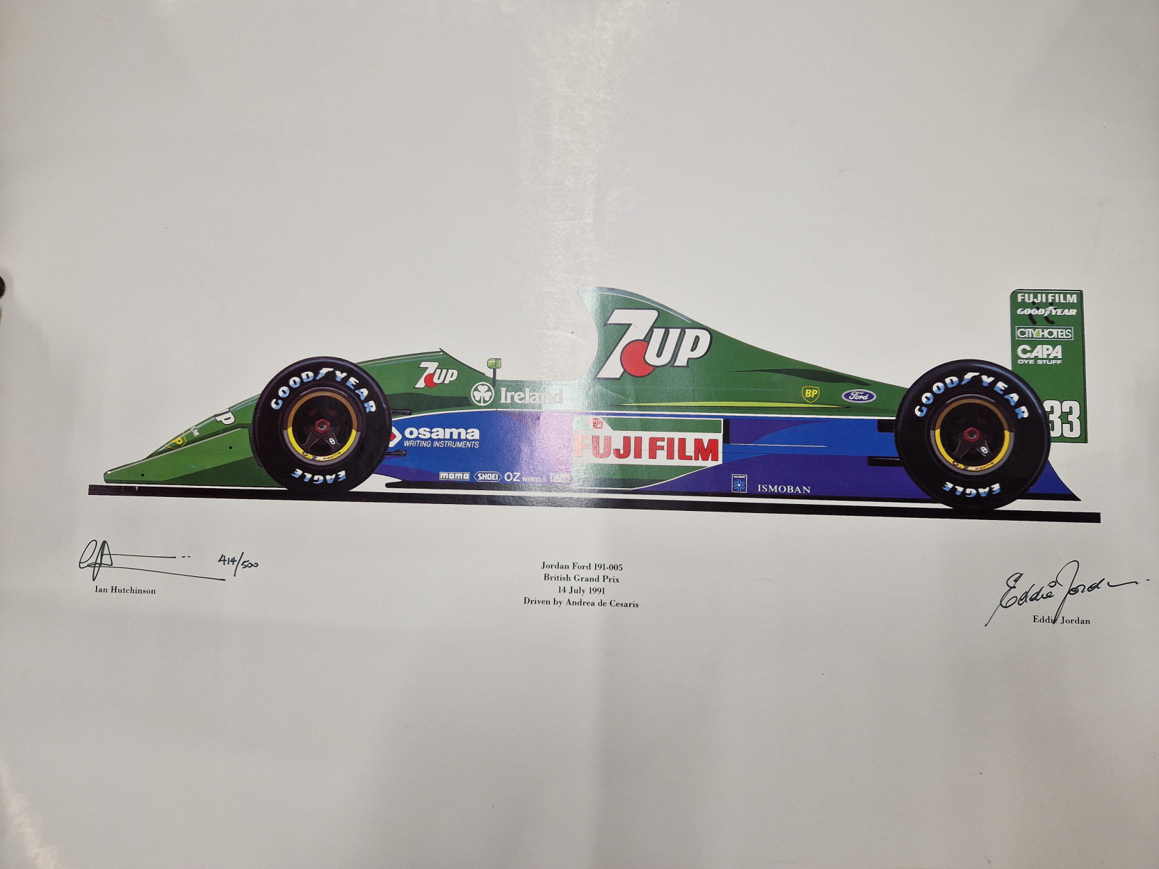 JORDAN FORMULA 1 RACING 1991 PRINT SIGNED BY EDDIE JORDAN AND THE ARTIST IAN HUTCHINSON . LTD