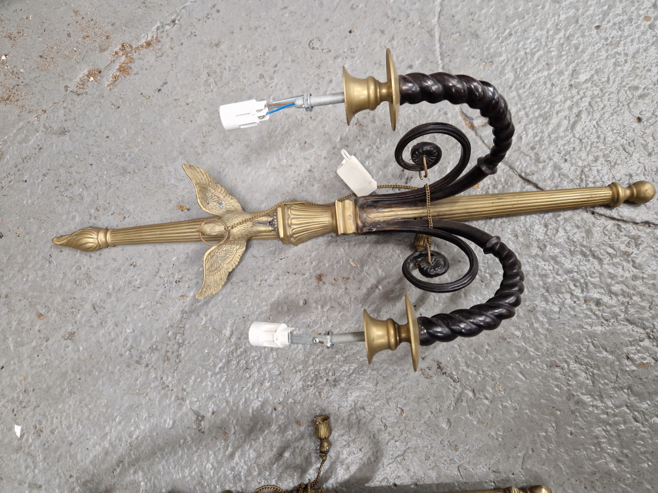 A SET OF FOUR BLACKENED AND POLISHED BRONZE TWO BRANCH WALL LIGHTS, THE REEDED BACK PLATES WITH - Image 5 of 6