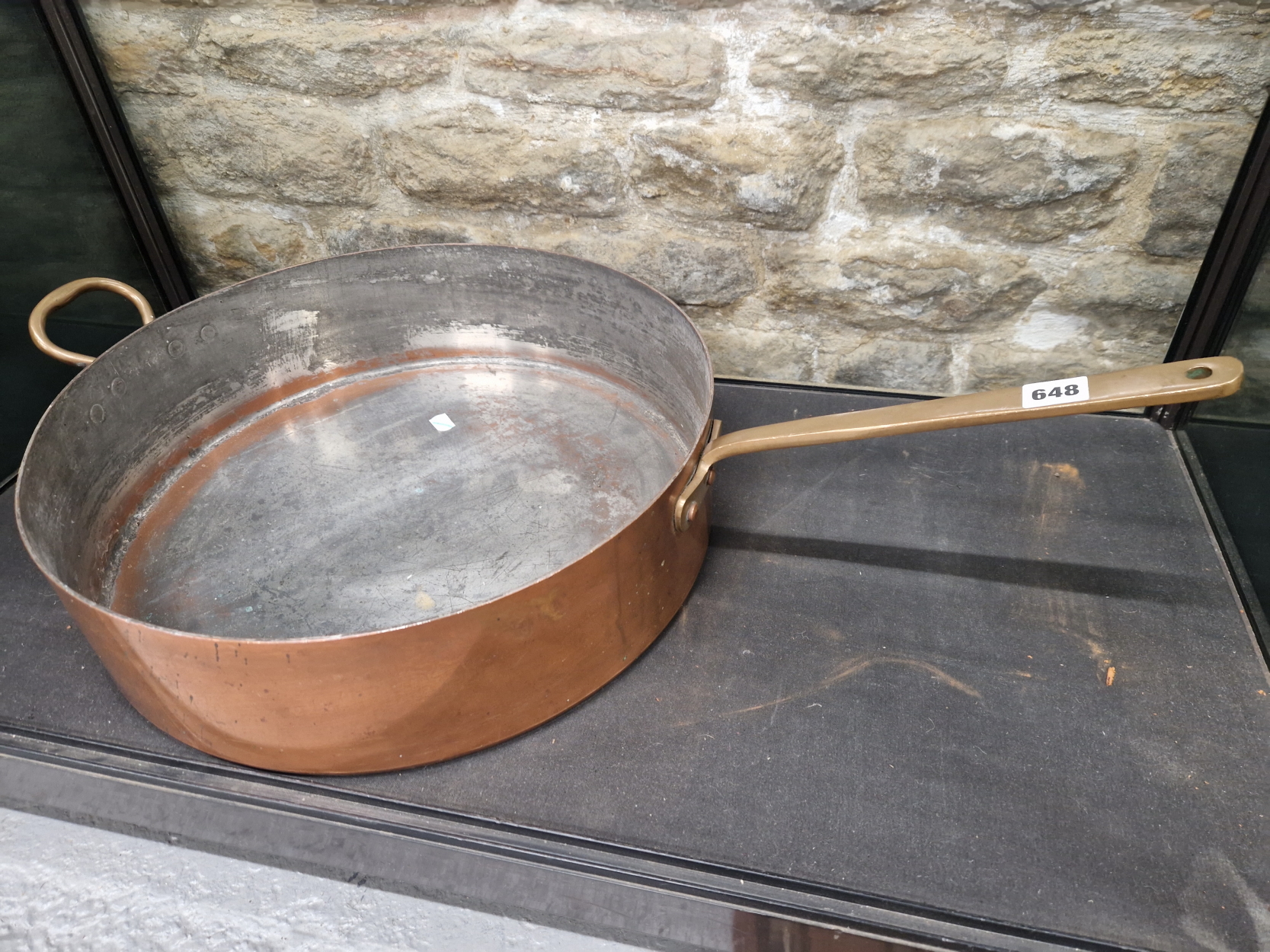 A ZINC LINED COPPER DEEP DEEP FRYING PAN, THE CYLINDRICAL FORM WITH TWO HANDLES. Dia.