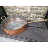 A ZINC LINED COPPER DEEP DEEP FRYING PAN, THE CYLINDRICAL FORM WITH TWO HANDLES. Dia.
