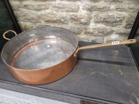 A ZINC LINED COPPER DEEP DEEP FRYING PAN, THE CYLINDRICAL FORM WITH TWO HANDLES. Dia.