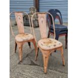 FIVE VINTAGE / RETRO PRESSED STEEL STACKING CAFE CHAIRS.