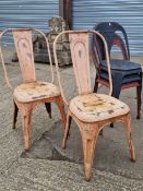 FIVE VINTAGE / RETRO PRESSED STEEL STACKING CAFE CHAIRS.