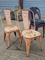 FIVE VINTAGE / RETRO PRESSED STEEL STACKING CAFE CHAIRS.