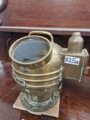 A BRASS MOUNTED SHIPS BINNACLE COMPASS WITH OIL POWERED LIGHT