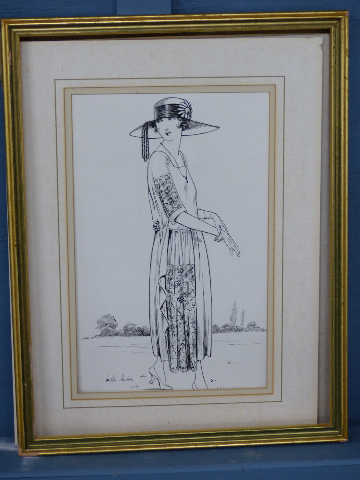 ATTRIBUTED TO ELLEN DYER, A 1920S LADY WALKING AS SHE PUTS ON HER GLOVES, PEN AND INK. 33 x 23cms. - Image 5 of 5