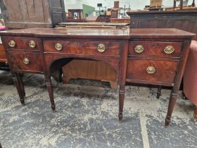 A 19th C. MAHOGANY SIDEBOARD, THE CENTRAL BREAKFRONT DRAWER FLANKED BY A DRAWER OVER A DOOR AND BY A