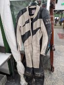 VINTAGE MIKE WILLIS MW LEATHERS. MOTORCYCLE RACING ONE PIECE SUIT, BLACK AND WHITE