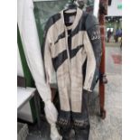 VINTAGE MIKE WILLIS MW LEATHERS. MOTORCYCLE RACING ONE PIECE SUIT, BLACK AND WHITE