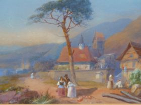 CONTINENTAL SCHOOL (19TH CENTURY), MOUNTAIN AND LAKE SCENE WITH FIGURES IN THE FOREGROUND,